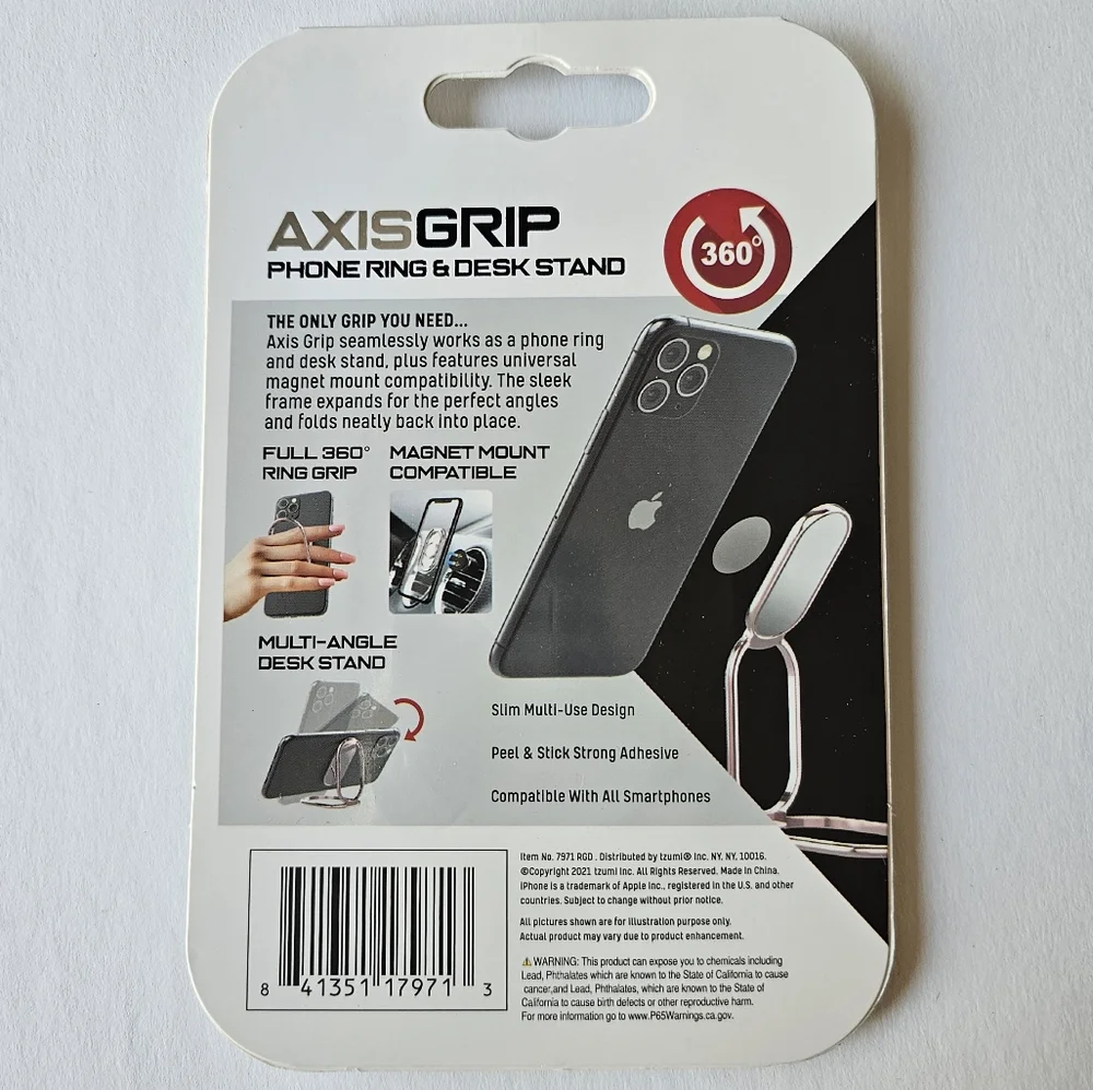 AxisGrip Large Phone Ring & Folding Desk Stand - SILVER METAL